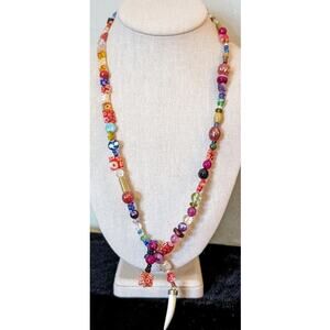 Millefiori Venetian & Murano Glass Bead Wrap Necklace W/ MOP Horn Pendant